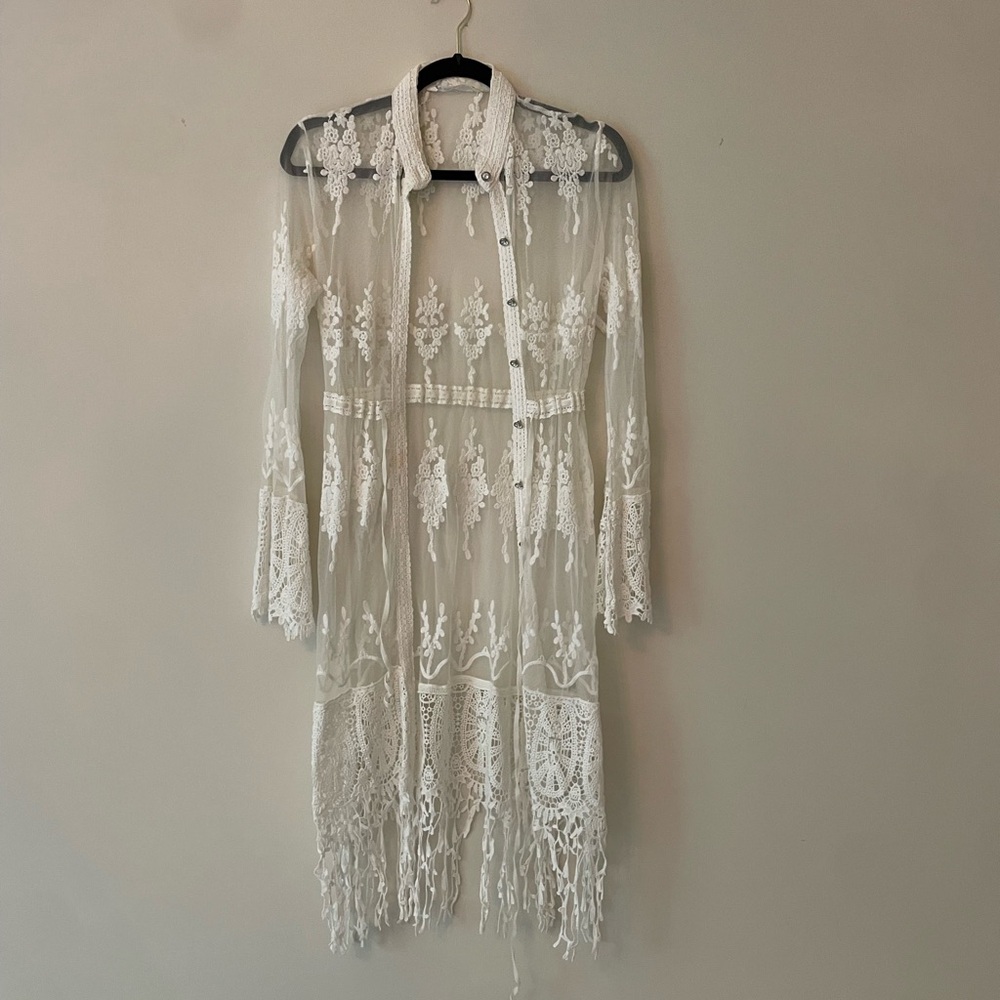Bathing suit coverup or accessory with white lace